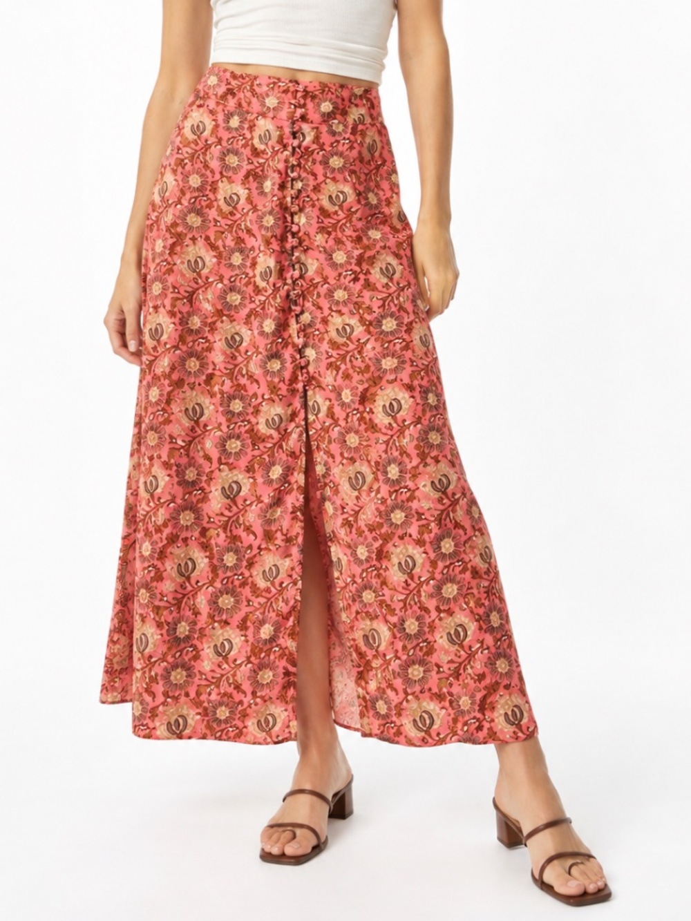 Free People Coral Floral Button-Down Maxi Skirt - size 10